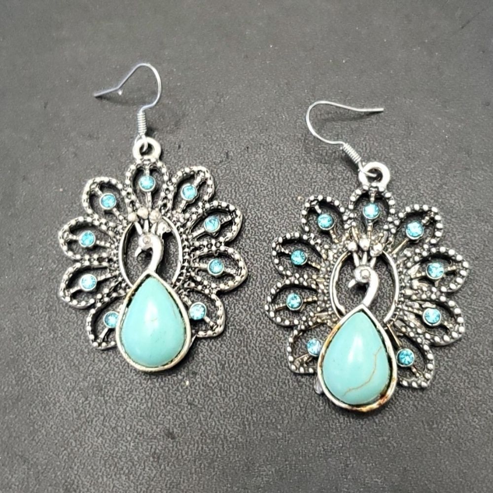 Silver tone turquoise peacock earrings